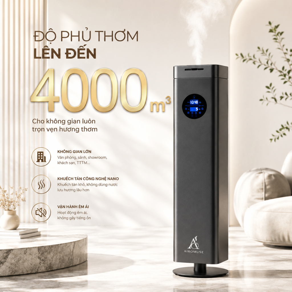 Máy khuếch tán mùi hương Airomuse A1000 với thiết kế sang trọng cho không gian thương mại