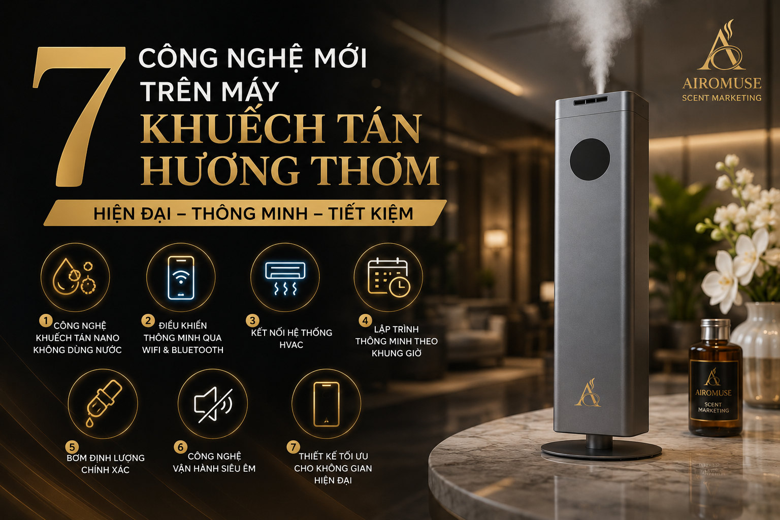 Khám phá 7 công nghệ tiên tiến trên máy khuếch tán hương thơm hiện đại như khuếch tán Nano, điều khiển WiFi, HVAC, AI thông minh... giúp doanh nghiệp tối ưu trải nghiệm khách hàng.