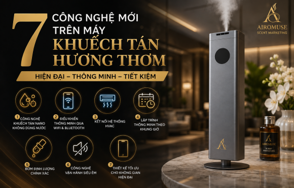 Khám phá 7 công nghệ tiên tiến trên máy khuếch tán hương thơm hiện đại như khuếch tán Nano, điều khiển WiFi, HVAC, AI thông minh... giúp doanh nghiệp tối ưu trải nghiệm khách hàng.